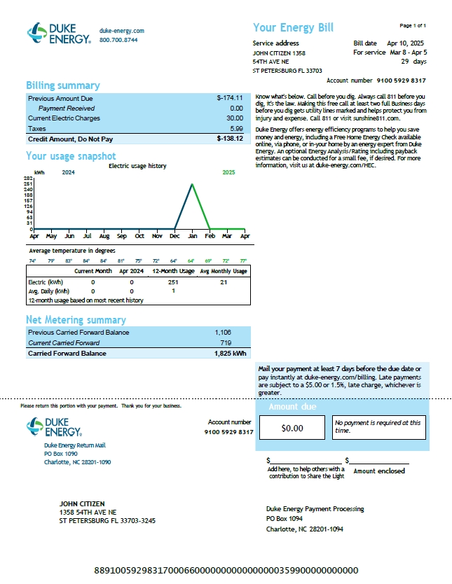 USA Duke Energy utility bill template in Word and PDF formats, version 4